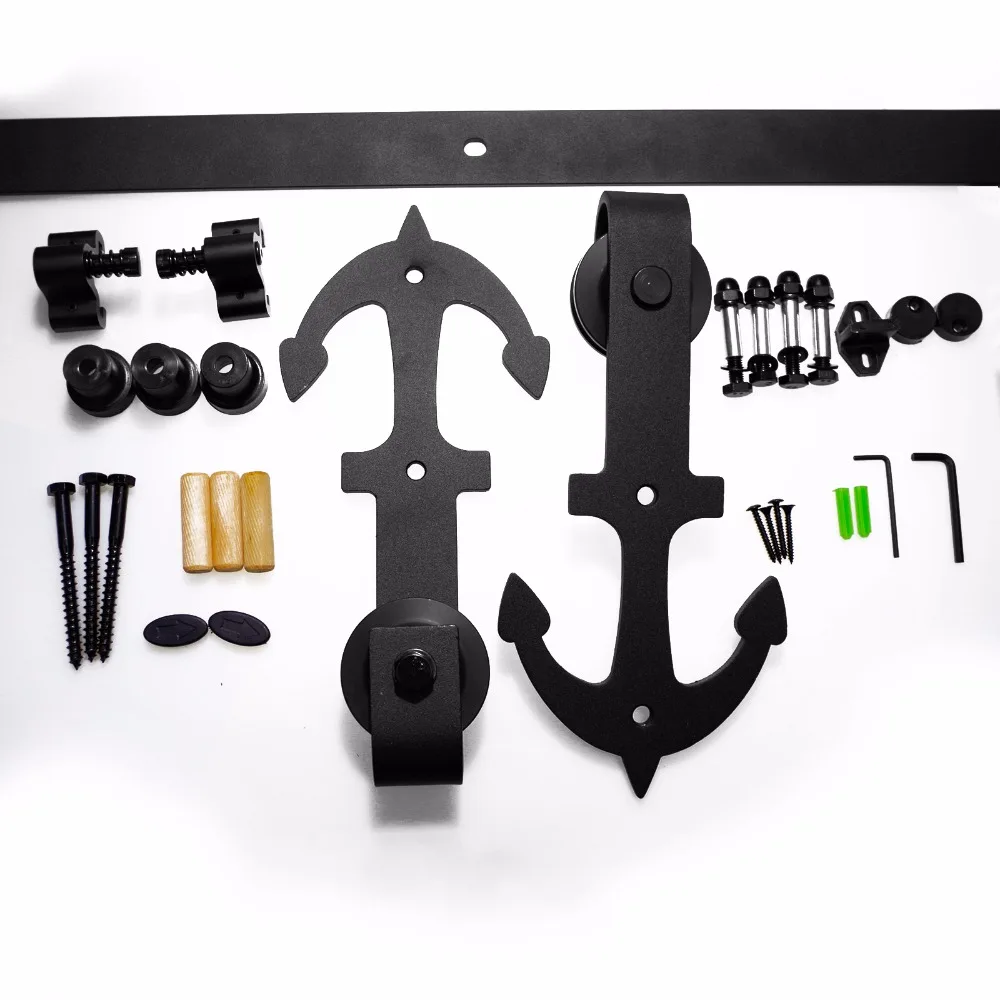 LWZH Closing Antique Style Steel Sliding Barn Door Top Mounted Hanger Track Hardware Kit Black Anchor Shaped for Single Door