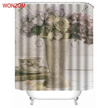 WONZOM Roses Shower Curtain Fabric Flower Bathroom Decor Decoration Cortina De Bano Polyester Table Vase Bath Curtain With Hooks