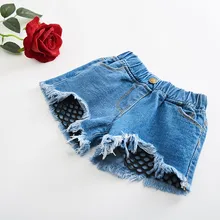 Детские шорты с бахромой для девочек; коллекция года; Летние повседневные ковбойские шорты; джинсовые шорты с сетчатым дизайном; шорты для девочек; одежда