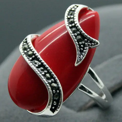 

wholesale Unique 10X20mm Red Carved Lacquer Marcasite 925 Sterling Silver Lady Ring 7-10