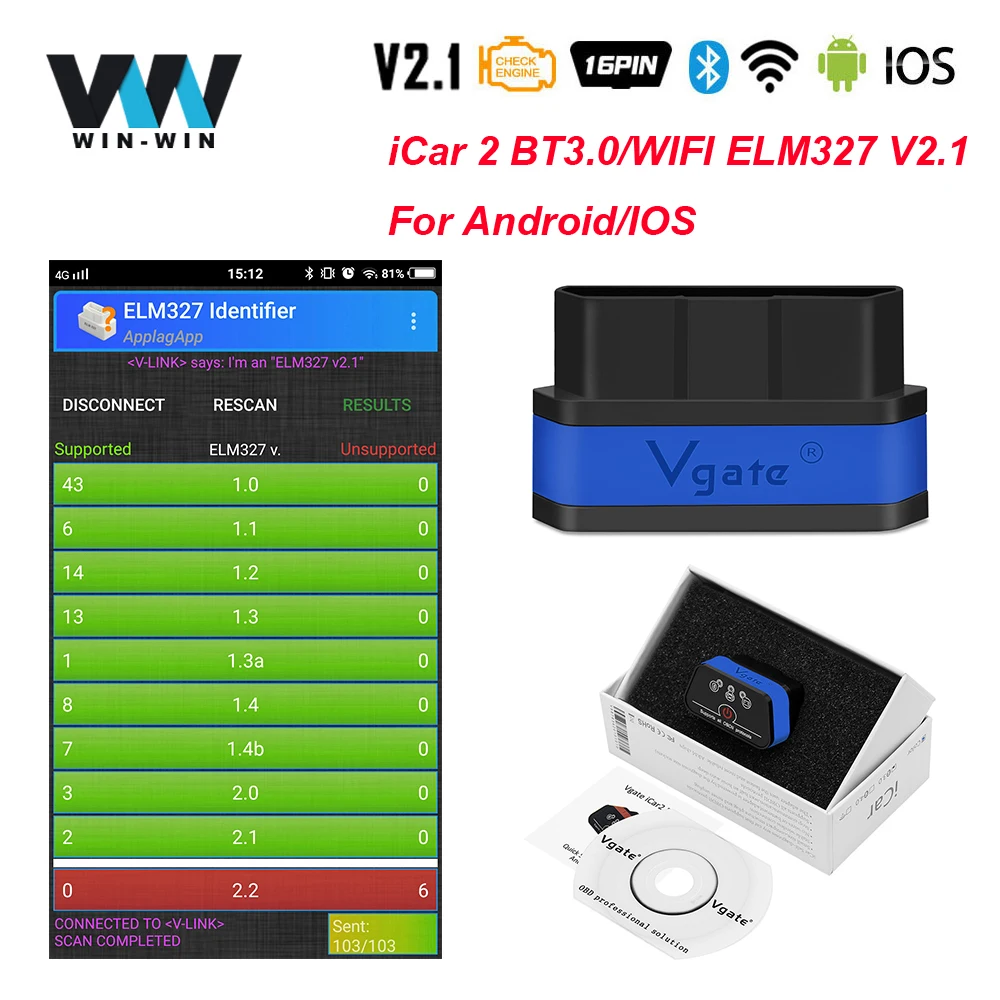 Диагностический прибор Vgate iCar2 ELM 327 V2.1 Автомобильный сканер с Bluetooth WIFI ELM327 для