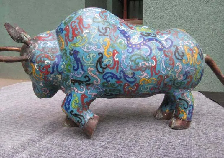 

12"Chinese Copper handwork Made cloisonne enamel abstract wrestle bull Ox Statue