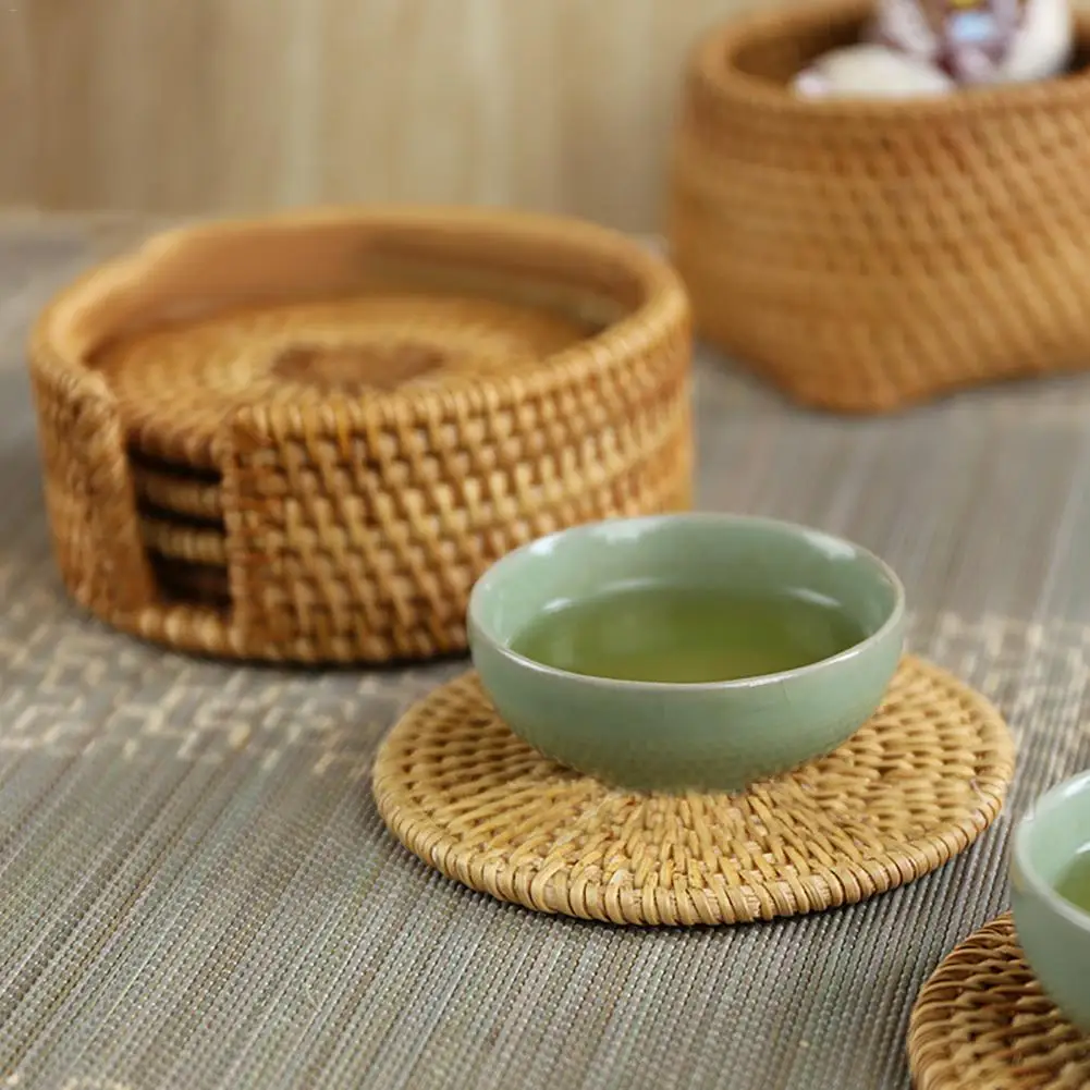 

6 PCS Handmade Round Place Mat Pad Straw Weave Placemat Kitchen Cup Tablemat Heat Insulation