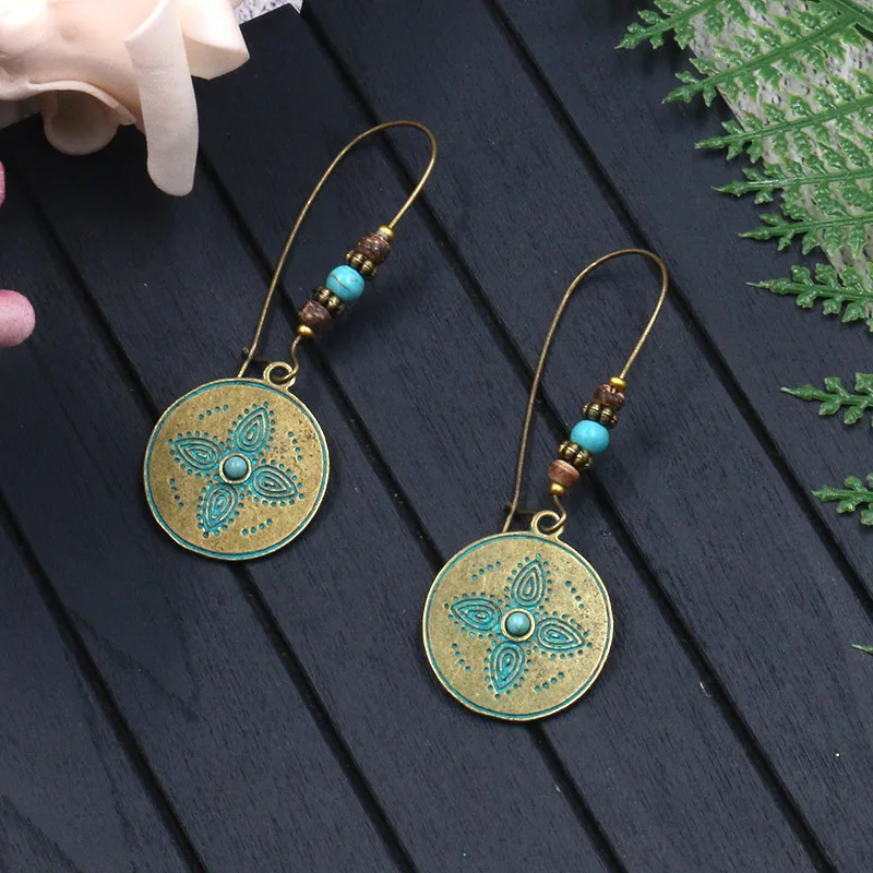

Vintage Flower Beads Hoop Earrings with Pendants for Women Ethnic Bohemia Totem Round Pendant Drop Ear Cuff Earrings Hoop