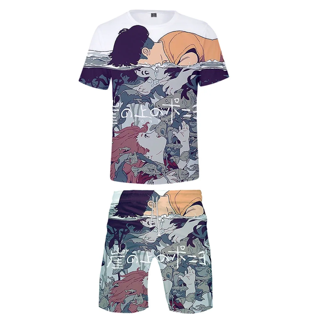 Ar 2019 Ponyo on the Cliff two piece set tshirt and shorts Harajuku t shirt streetwear harajuku Short Sleeve | Мужская одежда