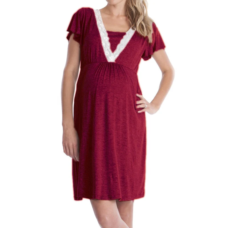 Платья для беременных; домашняя одежда для кормящих мам; хлопковое платье для беременных женщин; элегантное кружевное платье для кормящих; 4 цвета - Цвет: Red