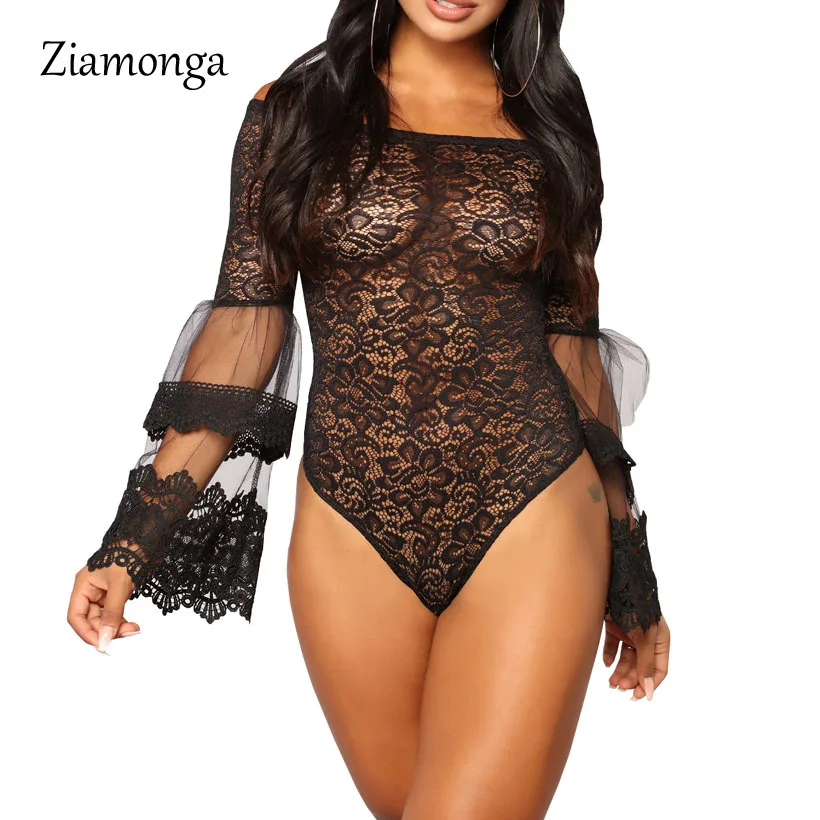 Ziamonga 2019 Sexy Bodysuit Women Sleeveless Mesh Bodysuit Top Sheer Lace Bodysuit Rompers Womens Zipper Front Bodycon Jumpsuit