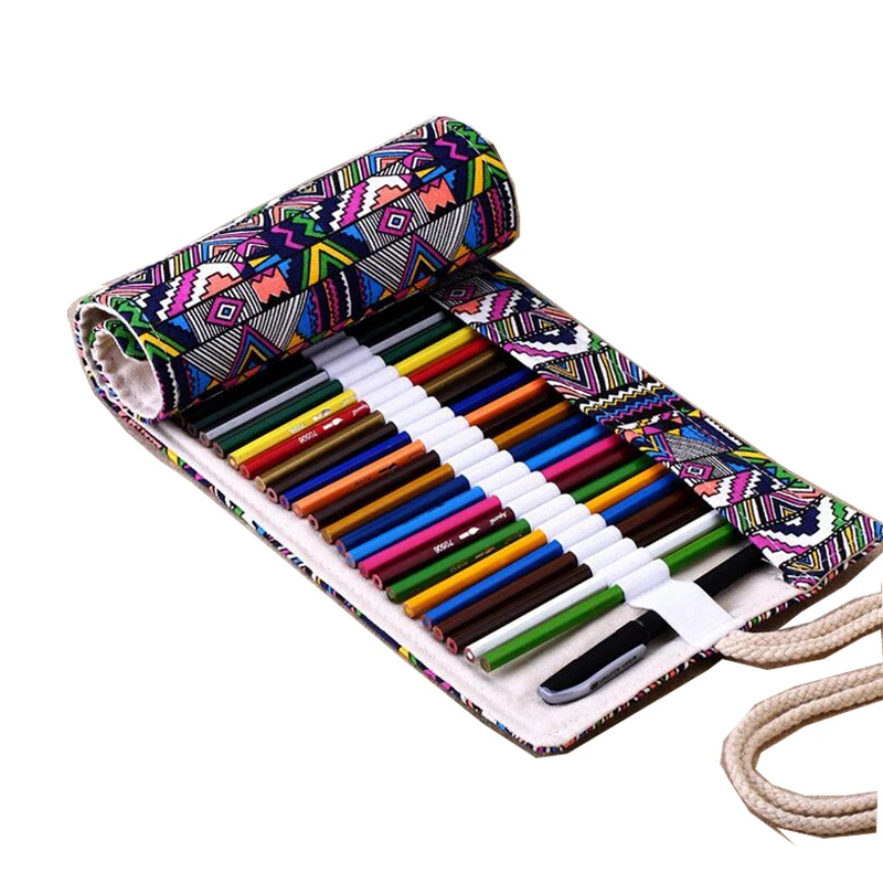 36/48/72 Holes Pencil Bag School Canvas Painting Stationery Roll Pencil