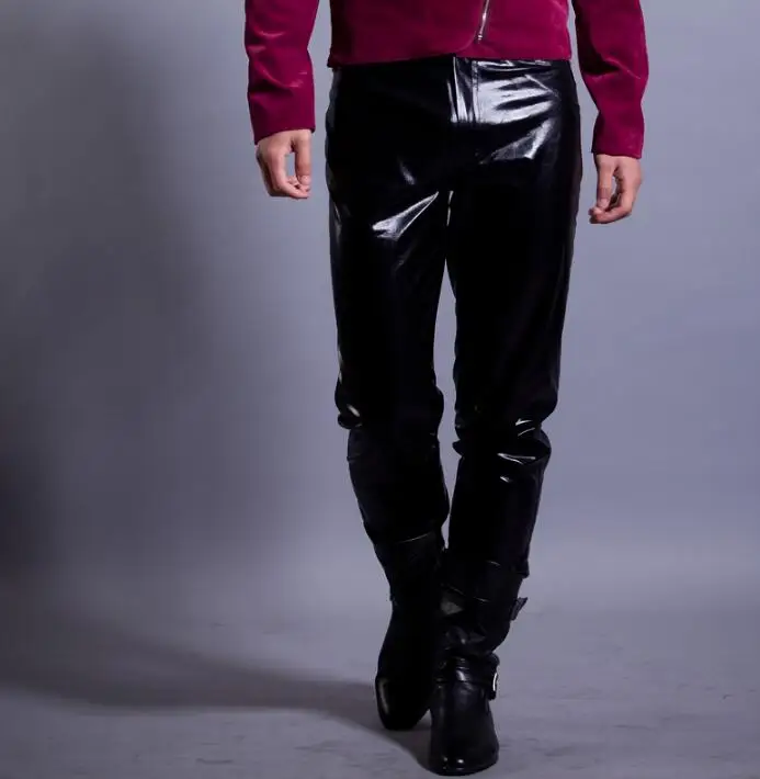 Мужские кожаные брюки черные облегающие для байкерских танцев|pantalon homme|fashion mens