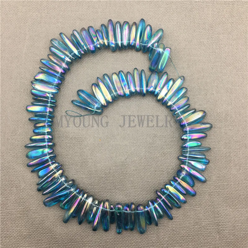 MY0594 Smooth Titanium Glass Stick Beads,Sky Blue Spikes Point Chip Top Drilled Necklace Beads (1)