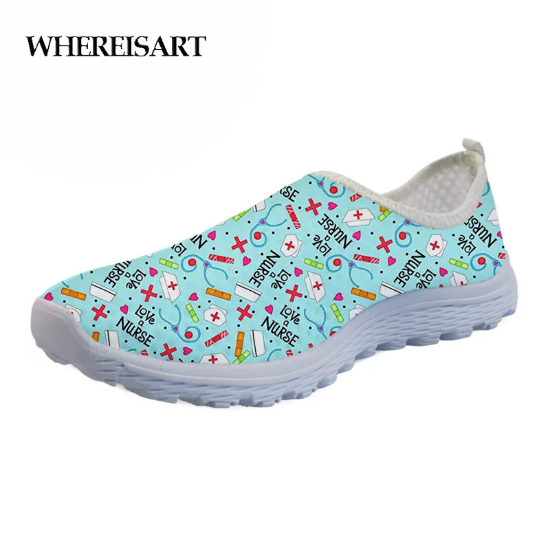 

WHEREISART Summer Shoes Casual Flats Cute Cartoon Nurse Print Women Breathable Mesh Slip-on Sneakers Ladies Girls Beach Loafers