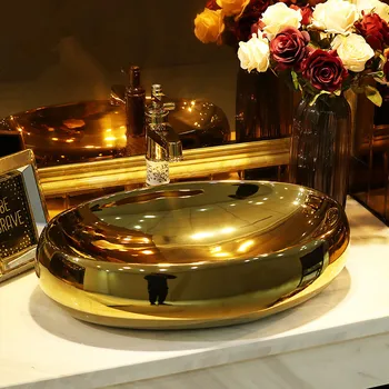 

Golden oval Jingdezhen ceramic art countertop wash basin bowl for bathroom lavabo sink Bathroom sink handmade sink ceramic