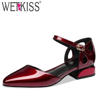 

WETKISS Ankle Strap Sandals Women 2019 New Patent Leather Sandals Woman Office Thick Heels Shoes Female Fashion Summer Shoes Red