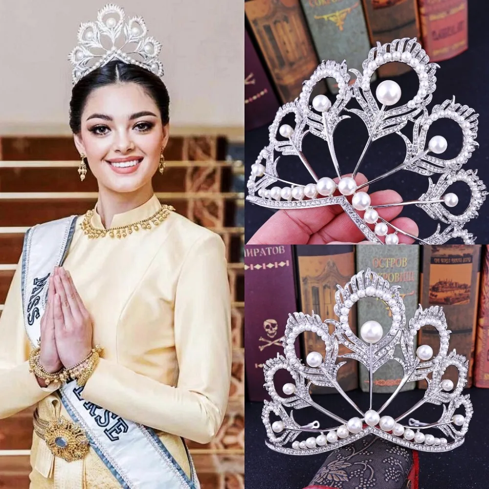 

Baroque Crystal Peacock Feather Pearl Round Bridal Tiaras Crowns Pageant Rhinestone Diadem Headbands Wedding Hair Accessories