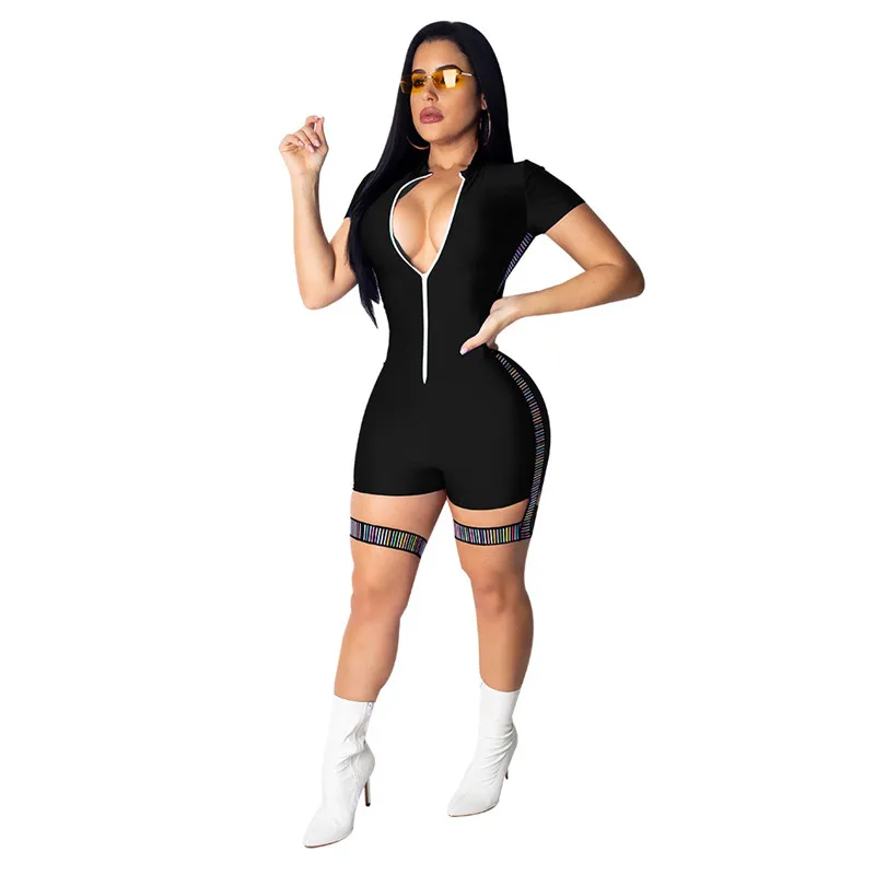 Echoine Women Jumpsuit Sexy Zipper Low Cut Fashion Stand Collar Patchwork Elastic Sheath Playsuit Streetwear Short Pants Rompers Echoine Women Jumpsuit Sexy Zipper Low Cut Fashion Stand Collar Patchwork Elastic Sheath Playsuit Streetwear Short Pants Rompers