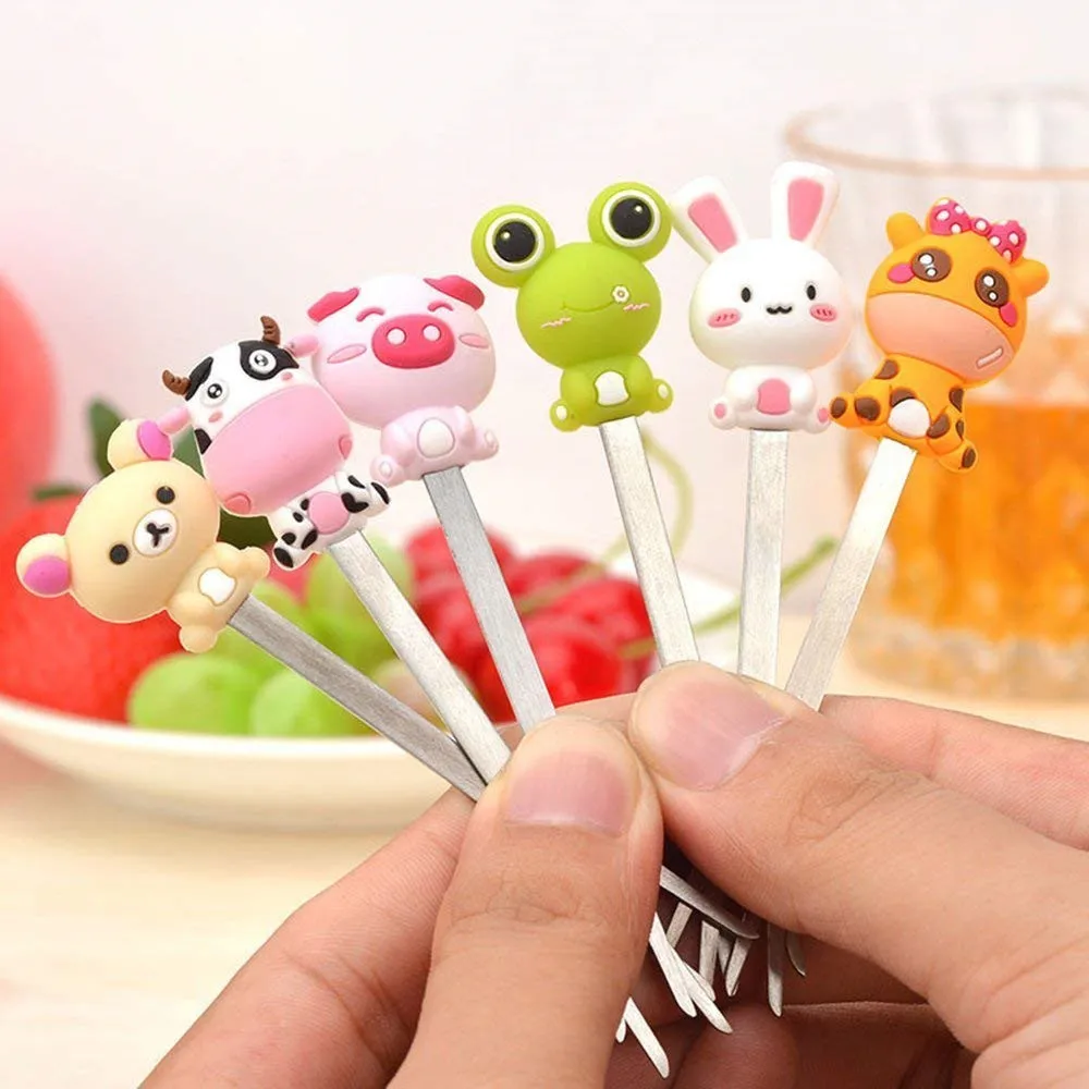 

6pcs/pack Animal pig cow Stainless steel fruit fork Cartoon Children Snack Cake Dessert Food Fruit Pick Toothpick Lunches Tablew