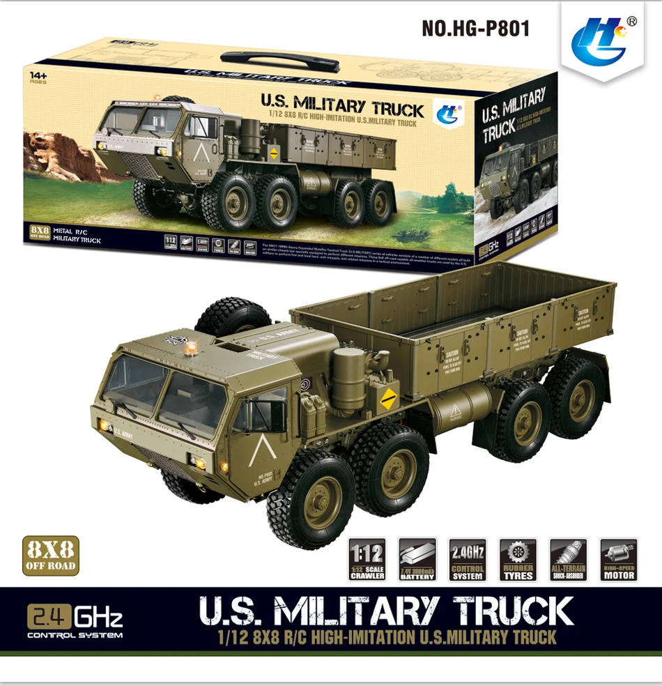 HG P801 1:12 2,4G 8*8 M983 739 мм Rc автомобиль армейский военный грузовик США без зарядного устройства RC расстояние 100 м 550 матовый мотор