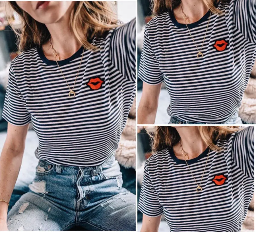 Fashion Women Loose Short Sleeve Striped Tops Cute T Shirt Casual