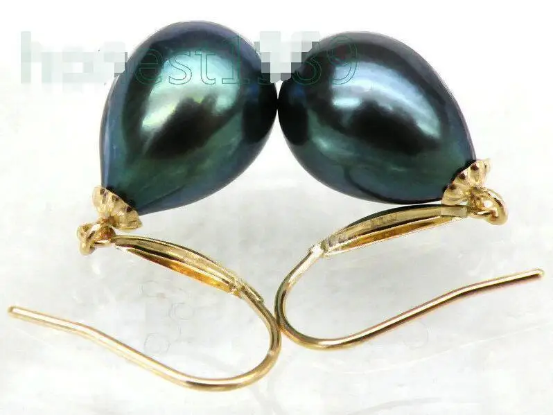 

Free Shipping >>>>Genuine 9*11mm AAA+++ black green drop south sea pearl dangle earring 14k gold