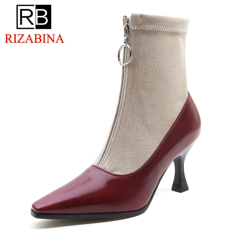 

RizaBina Size 34-42 Women High Heel Boots Real Leather Zipper Pointed Toe Strange Heels Mixed Color Women Mid Calf Sock Boats