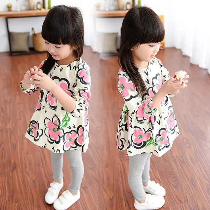 

Hot Asymmetrical Dresses For Girls Spring Flower Pattern Children Clothes Autumn Long Sleeve Jurk Meisje Mini Cotton Baby Dress