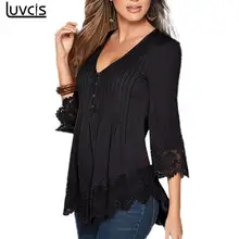 Luvcis Hot Sale 2017 Summer Women Ladies Casual V Neck Long Sleeve Cotton Lace T Shirts