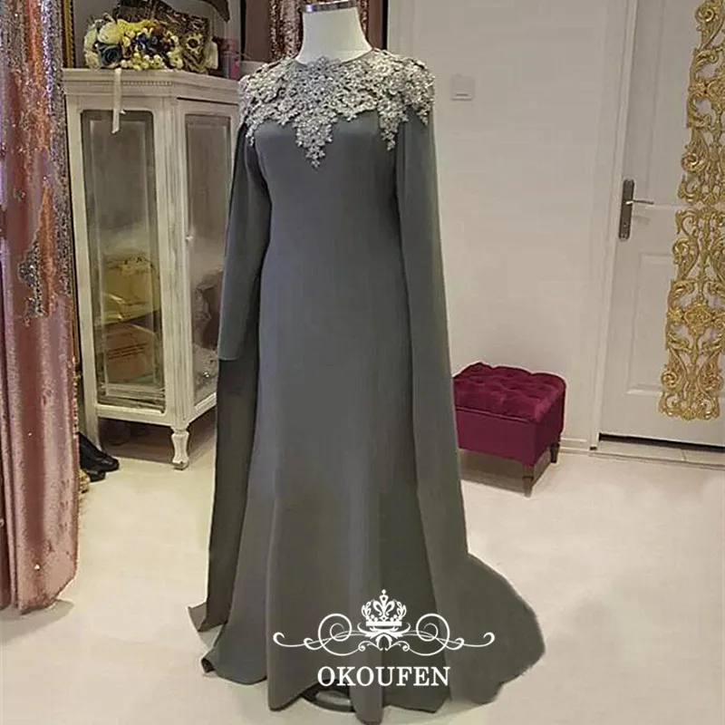 Kaftan abaya Aarabic, женское платье для мамы невесты, накидка, длинные рукава, аппликация,, серое, Русалка, вечернее платье, официальное платье - Цвет: Серый