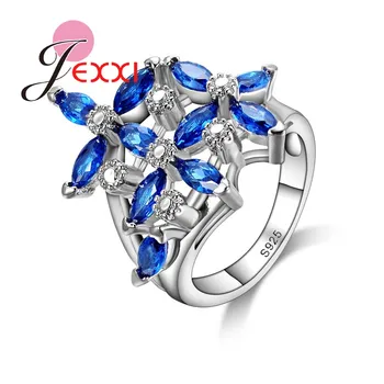 

Classic Beautiful 925 Sterling Silver Rings For Women Party Finger Accessory Flower Blue CZ Crystal Best Birthday Gift