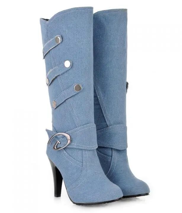 MAZIAO/женские ботинки на высоком каблуке; ботинки с открытым носком; облегающие высокие джинсовые ботинки; модные джинсовые ботинки размера плюс с пряжкой на ремешке и металлическим украшением
