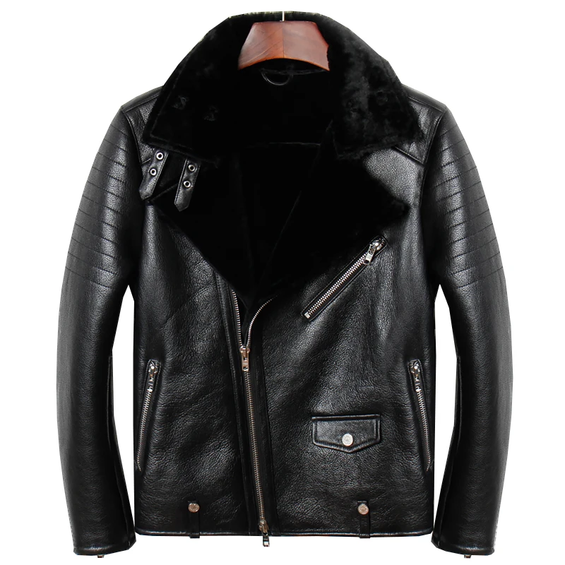 

HARLEY DAMSON Black Men Diagonal Zipper Motorcycle Shearling Coat Plus Size XXXL Winter Thick Slim Fit Genuine Biker's Coat