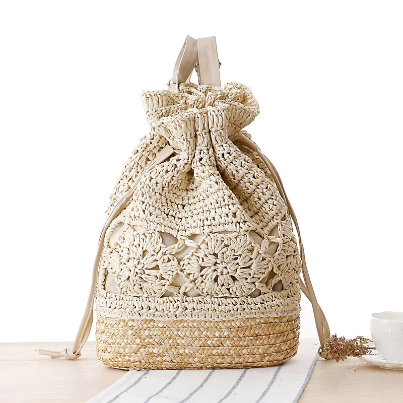 2017 Summer Drawstring Lace Crochet Straw Beach Bags Designer High Quality Female Hollow Out Flower Handmade Knitted Backpack