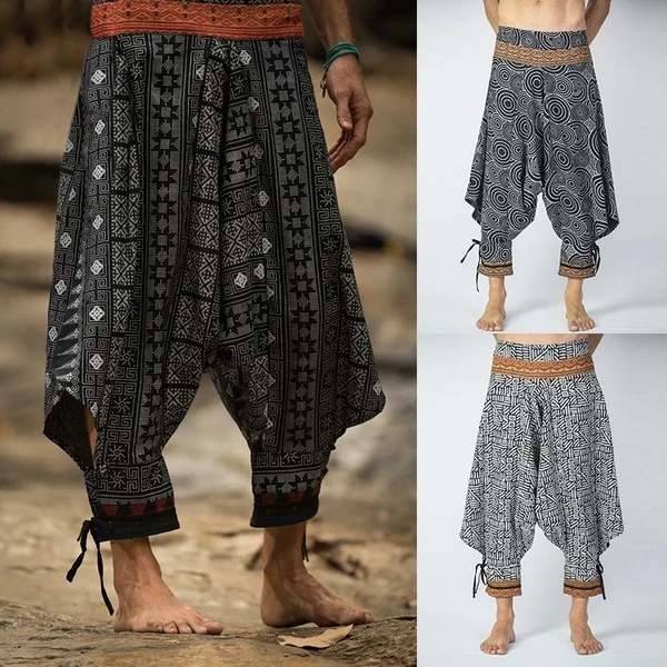 

Traditional Prints Thai Hill Tribe Fabric Men's Harem Pants with Ankle Straps Medieval Style Mens Vintage Loose Baggy Pants Cosp