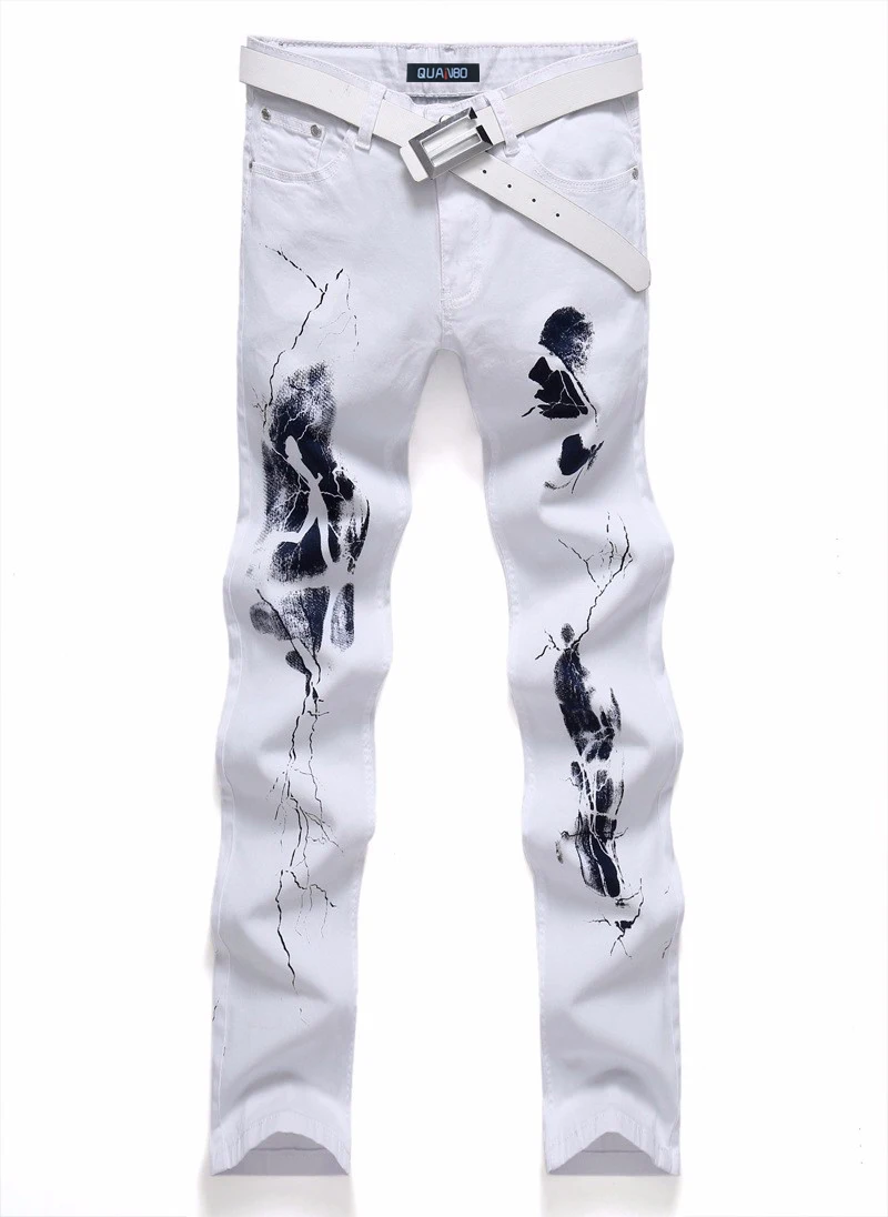 Большие размеры белый печатных Для мужчин джинсы модные мужские Уникальные хлопка стрейч джинсы мужские Повседневное шаблон характер