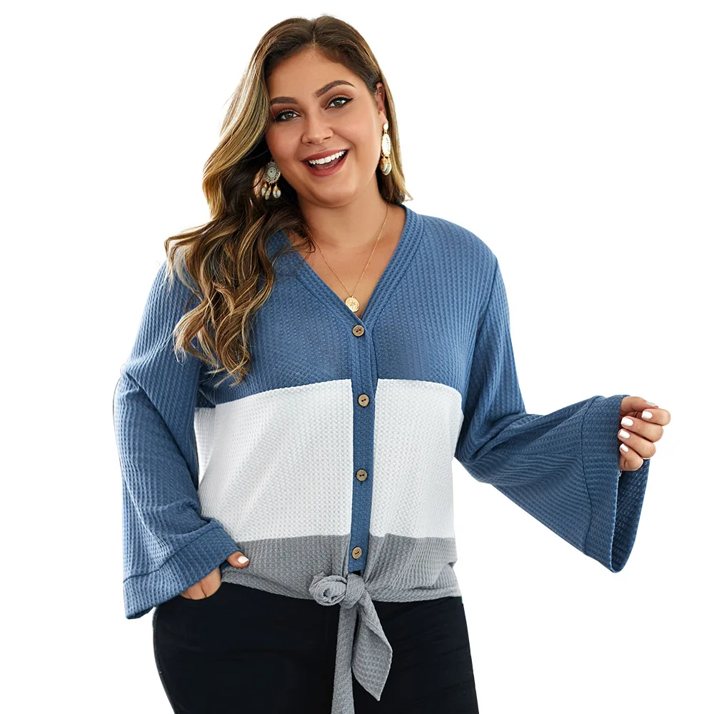 

Elegant V neck plus size women kintted sweater Autunm Long Flare Sleeve Button Cardigans Casaul tied front stripped women tops