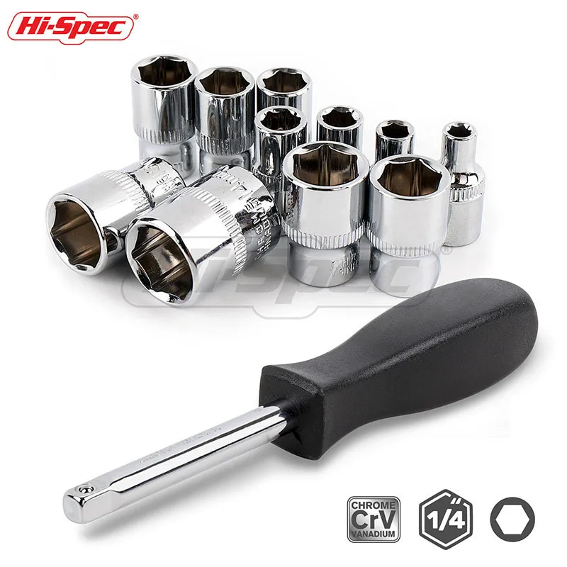 Hi Spec 12pc 1/4 Inch Driver Socket Set CRV 4 14mm Short Long Deep