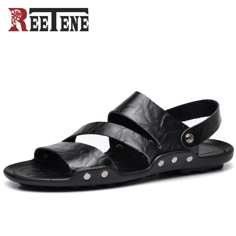 comprar REETENE 2018 Novos Homens Sandálias Sandálias De Couro Dos Homens de Alta Qualidade Sapatos de Couro Homens Da Praia do Verão Chinelos Para Homens Moda Slides