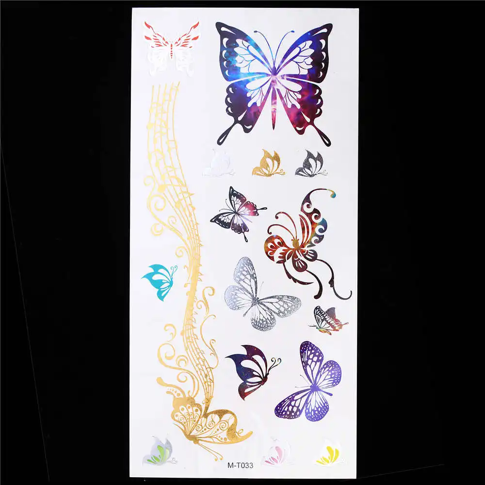 12 дизайн, 1 шт., Золотая временная флеш-металлическая тату-наклейка, красивая бабочка, перо, любовь, Женская хна, сделай сам, боди-арт, водостойкие татуировки
