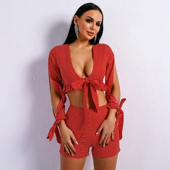 

Lady Summer 2 Piece Set Sexy Deep V Neck Bow Crop Top+Casual Dot Print Shorts Women Sets Two Piece Set Suit Set