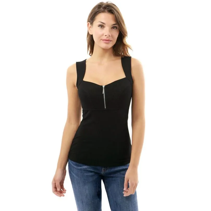 Buy Women Slim Tank Tops 2018 Fashion Ladies Zipper Sleeveless Blouse Elegant