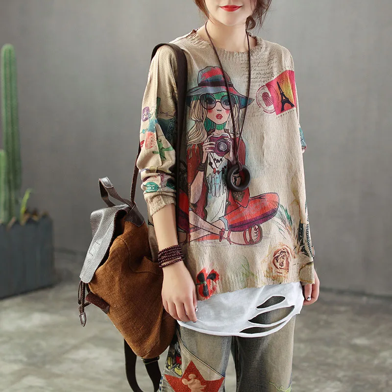 

Retro Women Loose Knitting Sweater Spring Autumn Femme Pull Tops O-Neck Print Pattern Casual Female Pullovers 2019 Knitwear
