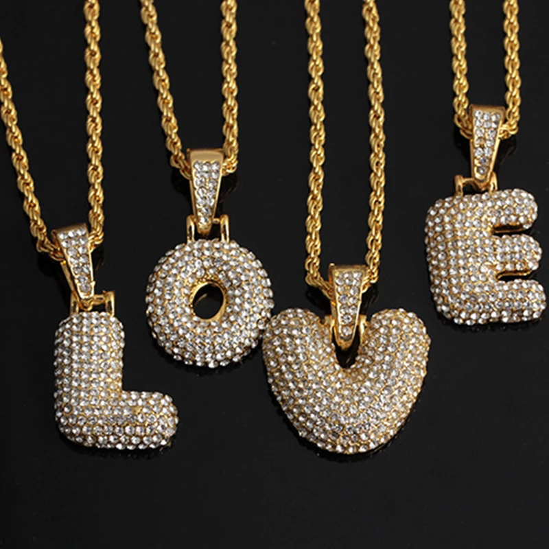 

A-Z Custom Name Bubble Letters Necklaces Pendant Chain For Men Women Gold Silver Color Cubic Zircon Hip Hop Jewelry Gifts