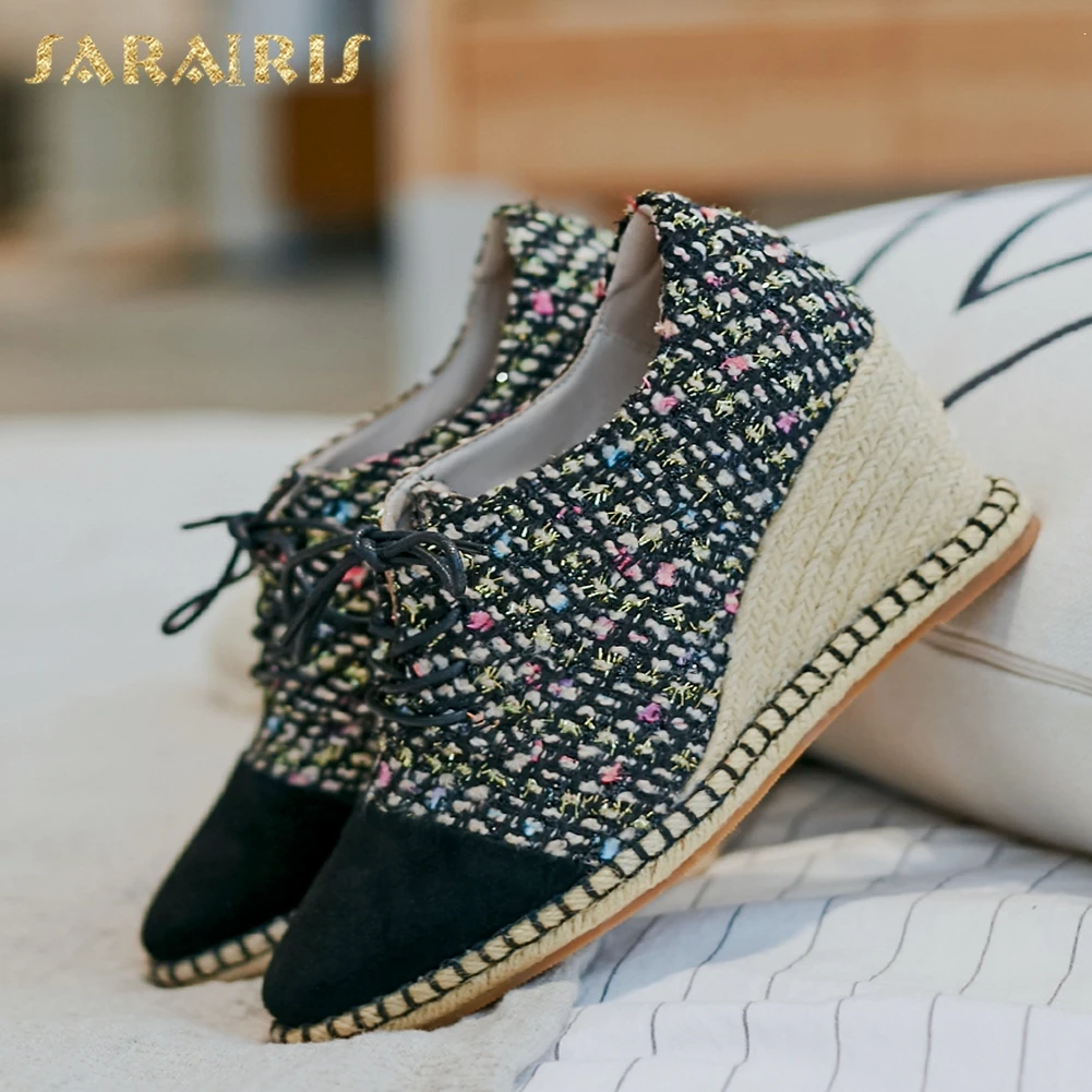 

Sarairis Luxury Brand Design Straw Wedges Woman Shoes Lady Lace Up Elegant High Heels Office Lady Shoes Woman Pumps