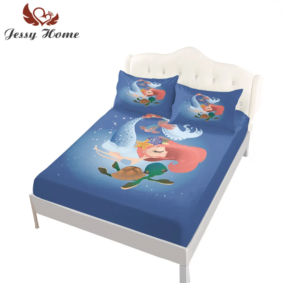 cheap 3pcs Cartoon Fitted Sheet Set Mermaid Turtle Pattern Mattress Cover with 2 Pillow Shams Kids Gift
