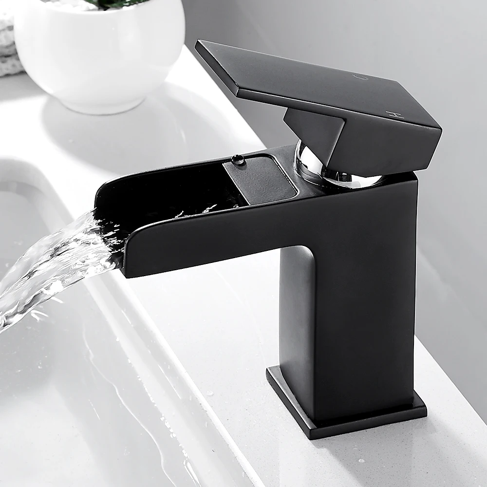 

Black Bathroom Basin Faucet Hollow Shape Bath Waterfall Faucets Single Handle Water Mixer Tap Bathroom Sink Faucet