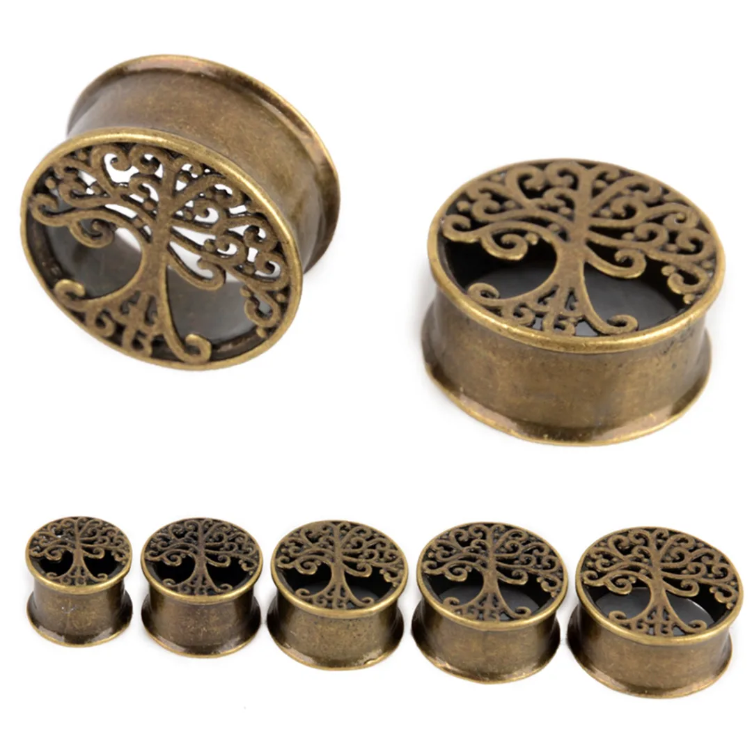 1Pair Shellhard Antique Brass Ear Plugs Shellhard Hollow Tree Life Flesh Tunnel Ear Plug Gauge Piercing Jewelry For Women