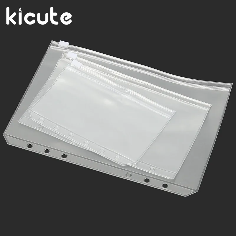 Kicute A5 A6 A7 PVC Zipper Pouch Standard 6 Holes Transparent Bags Card