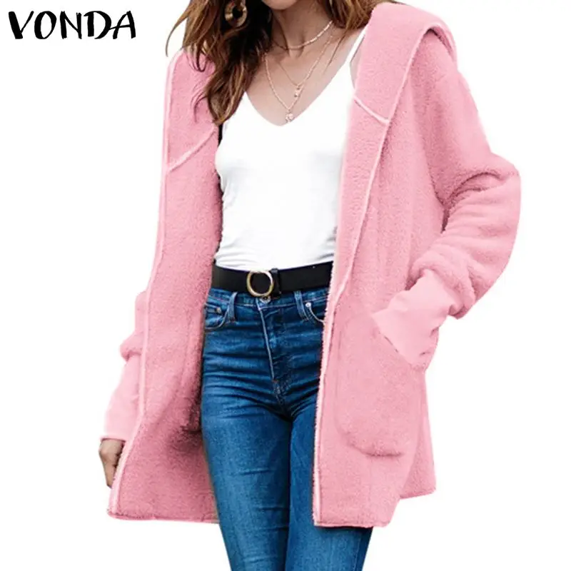 

Women Faux Fur Hooded Jackets VONDA 2019 Casual Long Sleeve Coats Outwear Cardigans Winter Warm Coat Plus Size Streetwear
