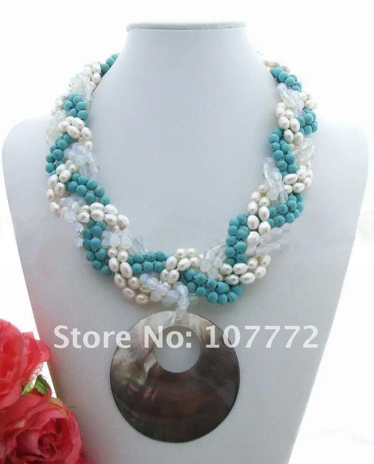 

Pearl&Blue Stone&Crystal&Shell Pendant Necklace