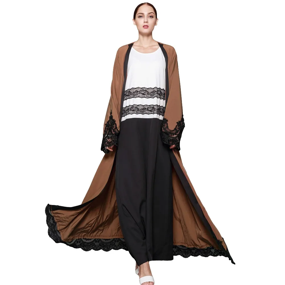 Женское мусульманское платье кардиган соединенный крючком кружева длинный рукав Исламская одежда арабский abaya Макси платье верхняя