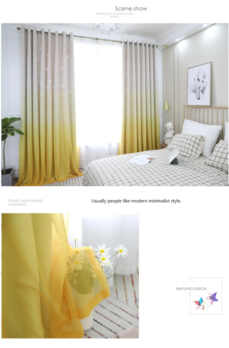 Pastoral Curtains for Living Dining Room Lace Fabric Hollow Star Kids Curtain for Bedroom Tulle Curtain Gradual Change Fantastic